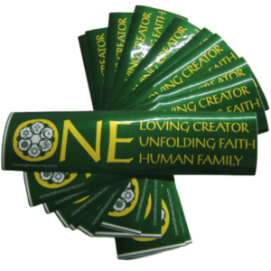 One Loving Creator, One Unfolding Faith, One Human Family – removable bumper Sticker - 10 pack