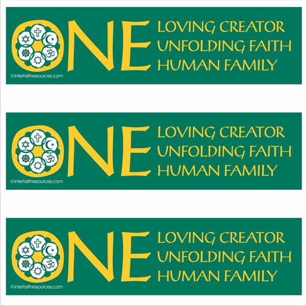 One Loving Creator, One Unfolding Faith, One Human Family – removable bumper Sticker