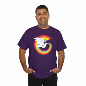 Man wearing Purple Rainbow Dove T-shirt