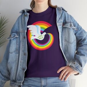 Rainbow Dove T-shirt on Purple with jacket