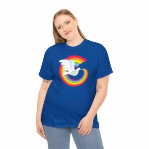 Woman wearing Royal Blue Rainbow Dove T-shirt