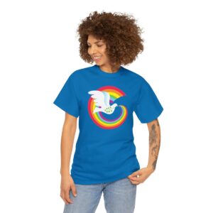 Woman wearing Sapphire Blue Rainbow Dove T-shirt