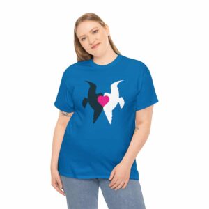 Woman wearing United Doves T-shirt in Sapphire Blue