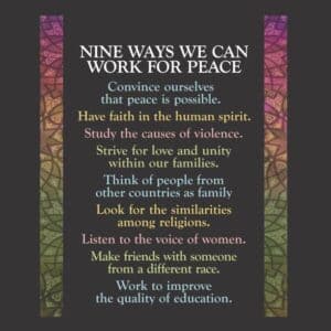 close-up of the back of 9 ways to work for peace T-shirt