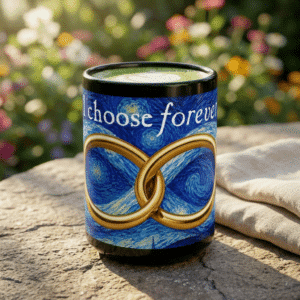 "I choose forever" - Wedding & Anniversary Gift Coffee Mug with Rings, infinity and Starry Night Theme
