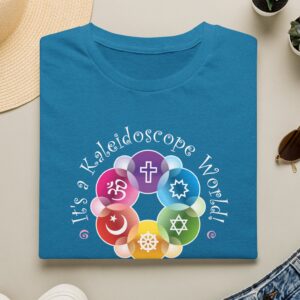 It's a Kaleidoscope World Interfaith T-shirt in Antique Sapphire