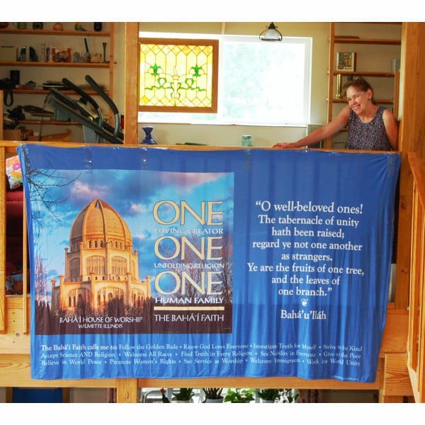 5x8' House of Worship Display Backdrop with Karen for scale